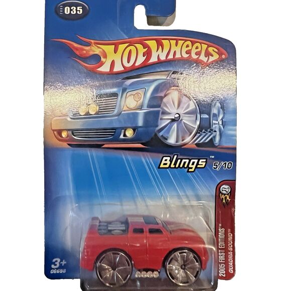 2005 Hot Wheels #35 First Editions-Blings 5/10 QUADRA-SOUND Red w/Chrome 5 Spoke - Picture 1 of 6
